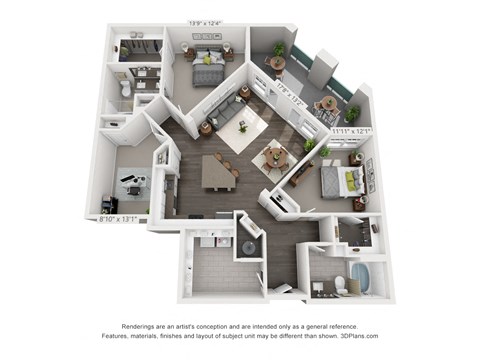 Floor plan for 2 beds, 2 baths, 1334 sqft